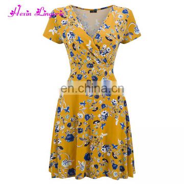 Fast Shipping summer yellow printing floral women night latest dress designs for ladies