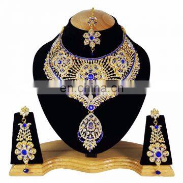 Bolllywood Designer Gold Plated Bollywood Party wear Jewelry Necklace Set Blue Color