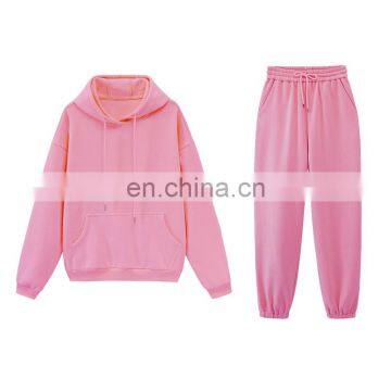 Women Causal Plain Loose 2 Pieces Drawstring Jogger Sweatpants Crop Thick Fleece Hoodie Two Piece Set photo-5