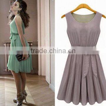 HOT SALE! Women's Elegance Round Collar Sleeveless Pleated Chiffon Vest Dress