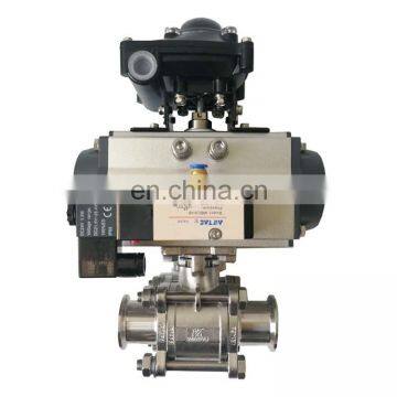 Sanitary pneumatic three way full cavity non retention ball valves L/T port with aluminum actuator and limit switch