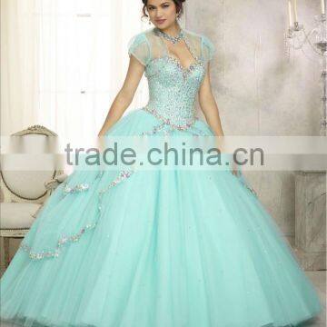 2014 New High Quality Royal sleeveless Ball Gown with Short Sleeves Jacket and beaded A-Line Quinceanera Dress