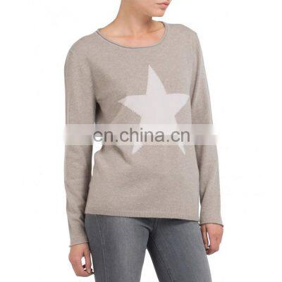 Hot selling star design knitted cashmere sweater for women crewneck sweater