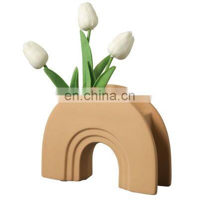 new product private label beige nordic minimalist style rainbow arch shape ceramic flower modern vase for home decor