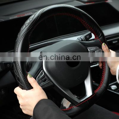 Autoaby Leather Car Steering Wheel Cover Four Seasons Universal Non-Slip Steering Case Wheel Cover Interior Accessories