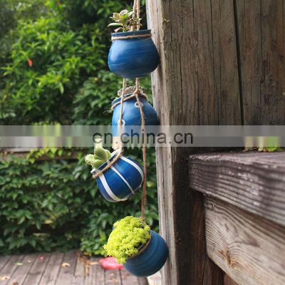 4pcs/set Wall-mounted Ceramics Flower Pots & Planters Home Decor Succulent Hemp Rope Ceramic Flowerpot Plant Hanging Pot