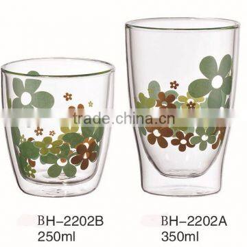 CE/EU/FDA/SGS/LFGB MOUTH BLOWN PRINTING BOROSILICATE GLASS DOUBLE WALL GLASS CUP FOR COFFEE/TEA/WATER/BEER/JUICE WITH DECAL