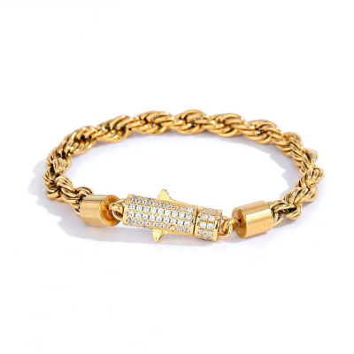 New Style 6mm Iced Out Clasp Rope Chain Stainless Steel 18K Gold Plated Twist Rope Chaain Bracelet Jewelry for Women photo-3