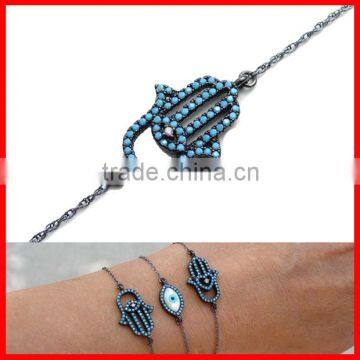 Genuine Gemstone Turquoise Paved 925 Silver Black Hamsa Hand Bracelet