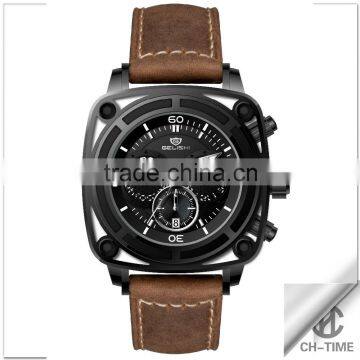 Fashion luxury water resistant 316l stainless steel case japan quartz movt genuine leather band chronograph sport men's watch