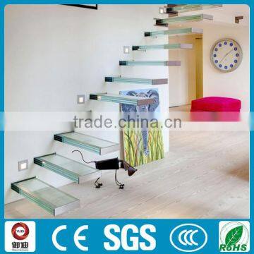 Interior floating glass stair with glass railing or stainless steel railing