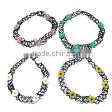 Pretty daisy flower pendant black tattoo choker necklace for women