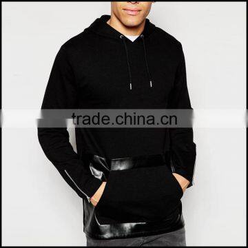 Drawstring Hood Pullover Hoodies Wholesale Faux Leather Panel Pouch Pocket Custom Xxxxl Hoodies                        
                                                Quality Choice