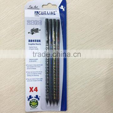 Standard size round shape black wood blister card HB pencil with heat rolling logo