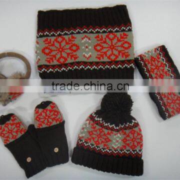 Fashionable 2015 new design women knitted hat scarf gloves and handband set