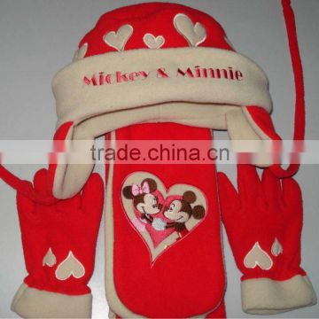 Mickey & Minnie fleece set ---- hat and gloves and scarf with embroidery