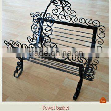 Classic black metal scroll towel basket with handle