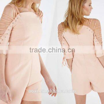 Pink Middle Sleeve Tie Frenum Wholesale Price Short Jumpsuit
