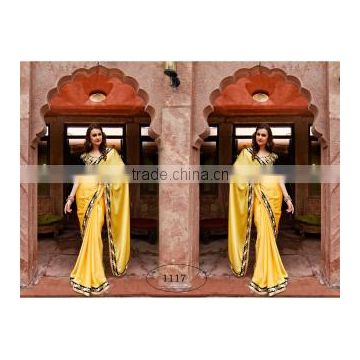 Brainy Mustard Satin Chiffon Saree/indian designers saree online shopping