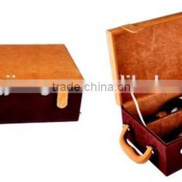 snap-fastener leather wine bottle box with handle for two pieces of wine