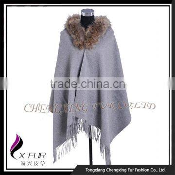CX-B-P-43K Lady Fashion Raccoon Fur Trim Cashmere Poncho/ New Design Pashmina Shawl photo-4
