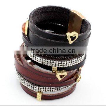 Genuine leather cuff bracelets,girls leather heart bracelet,crystal gift bracelets with magnetic clasp