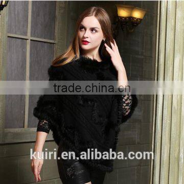 2017 New Hot Real Knitting Woolen Rabbit Fur Poncho Womens Casual Rabbit Fur Hooded Shawl With Rabbit Fur Tassels Capes photo-2