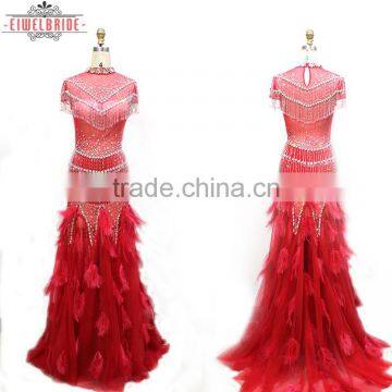 OEM Long Floor-length Beaded and Feather Red Sheath/Column Wedding Dress