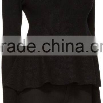 High Quality Women Plain Black Long Sleeve Rib Knit Pullover With Peplum Hem photo-2