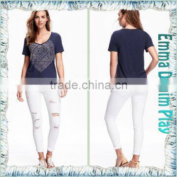 2016 New Designs Wide Open Neck Blue Printing Cotton T Shirts for Sexy Womens photo-3