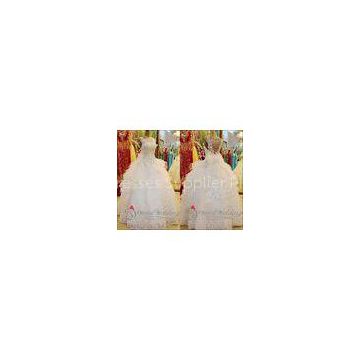 White Crew Beaded Swarovski Crystal Organza Wedding Dresses with Bow / Tiered Ruffles