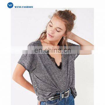 2017 Vintage Style Custom Women Sexy Loose T-shirt Textured-Knit V-Neck Tee