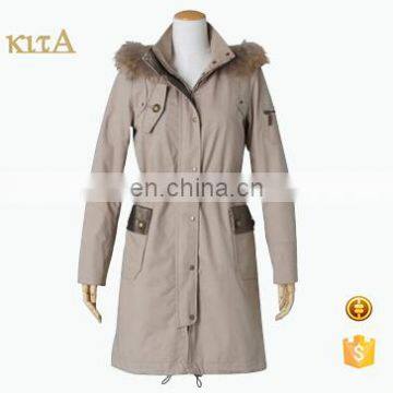 women fashion long sleeve raccoon fur hooded cotton trench coat