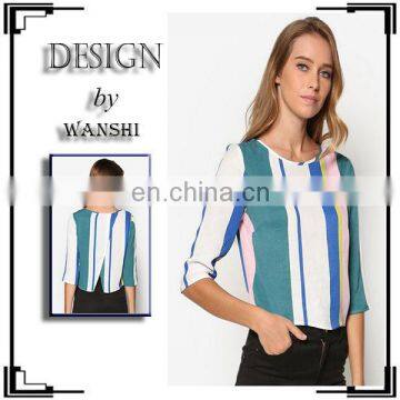 Fashion Design Half Sleeve Stripe Wrap Back Tee Office Elegant Top Woman