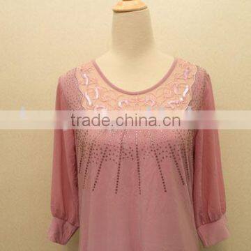 Ladies Fashion Lace Pink Chiffon Jewel Blouse photo-3