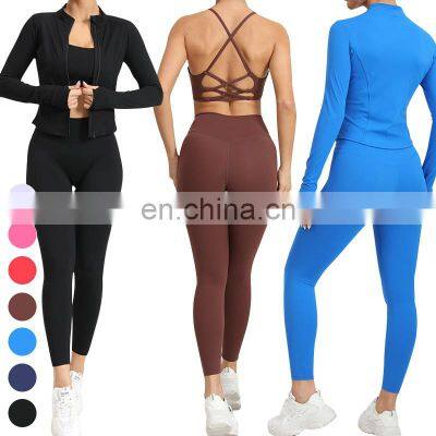 Wholesale Activewear Running Sport Jacket Shockproof Sports Bra High Waist Leggings 4 Piece Suit Women Gym Fitness Yoga Sets