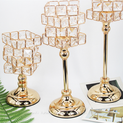 European Crystal Rubik's Cube Candlestick Golden Iron Hollow Ornaments Crafts Romantic Candlelight Dinner Wedding Ornaments photo-2