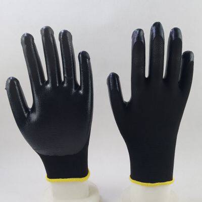 black polyester knitted black nitrile palm coated safety work gloves for construction workplace workshop plant workers wearing