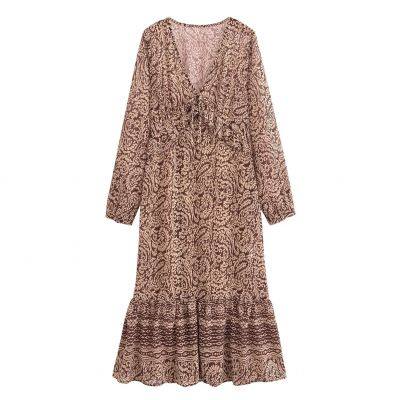 New French Retro Printed V-neck Elegant Slimming A-line Layered Decorative Print MIDI Dress photo-4