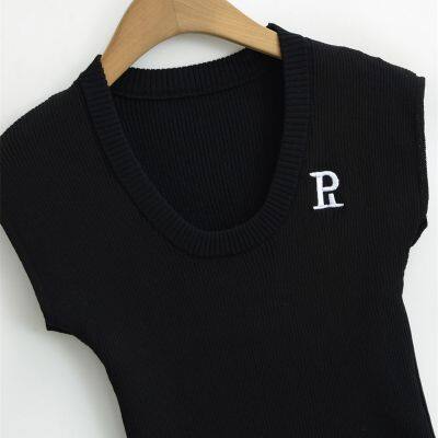 Summer New French Pure Desire Style Letter Thin Style U-neck Temperament Small Shirt Knitted Top for Women photo-3