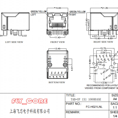 FC-H021LNL ，fly_core，10M/100M/1000M，RJ45 with transfomer，and LED
