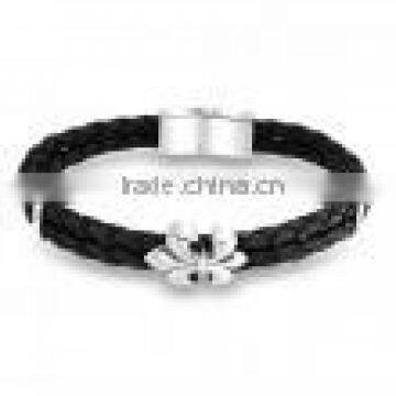 wholesale High Quality fashion Jewelry black braided leather bracelet unisex stainless steel bracelet