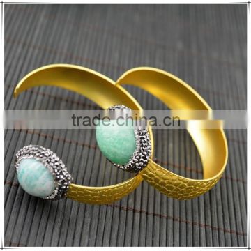 LFD-B005 Newest ~ Gold Plated Pave Rhinestone Crystal Bangles , Druzy Amazonite Stone Cuff Bangle Bracelets Jewelry