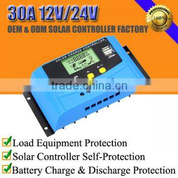30A 12V/24V solar charger charge regulator with LCD and USB
