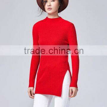 JS-11015 one slit on side red color lady spring rib sweater