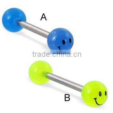 Tongue ring with smiley face glow-in-the-dark balls