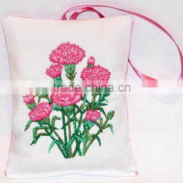 Embroidery rose flower with gems and green leaf lovely cotton decorative drawer sachet