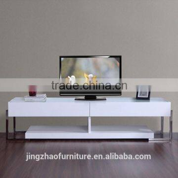 modern high gloss tv stand with stainless leg in living room