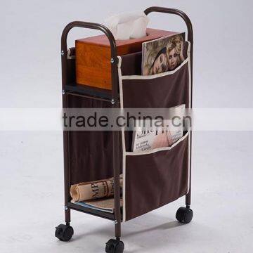 Coffee Double decked wooden canvas storage holder magazine rack cart