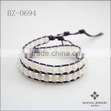 Handmade Stone Beads Two Wrap Purple Leather Bracelet